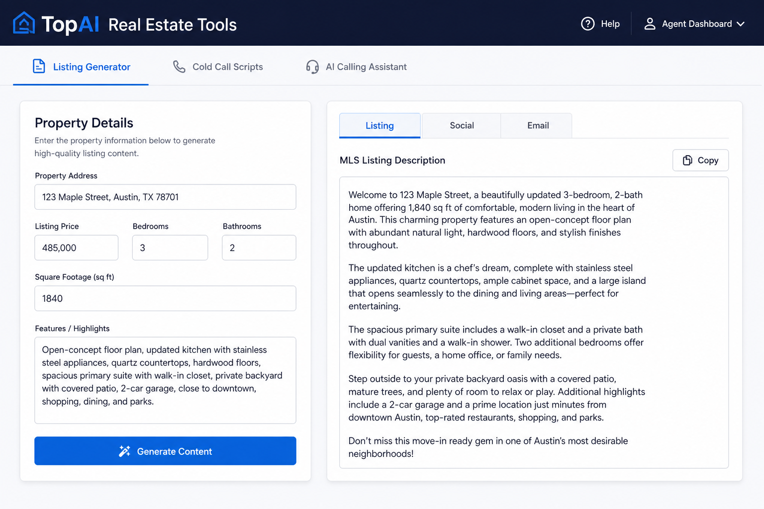 Screenshot of the TopAI Real Estate Tools Listing Generator with property details form and generated listing output