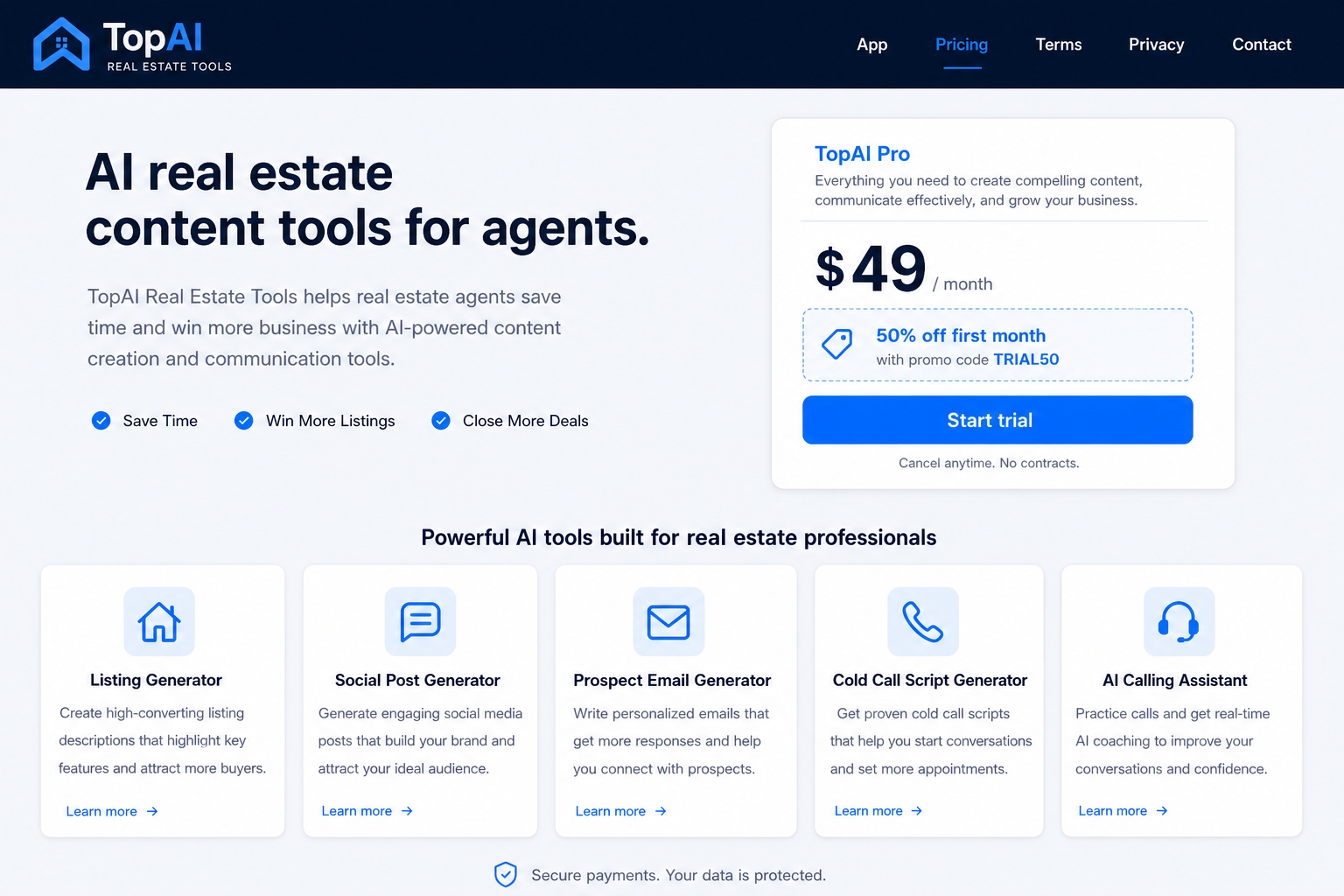Screenshot of the TopAI Real Estate Tools pricing page showing monthly subscription and included AI tools
